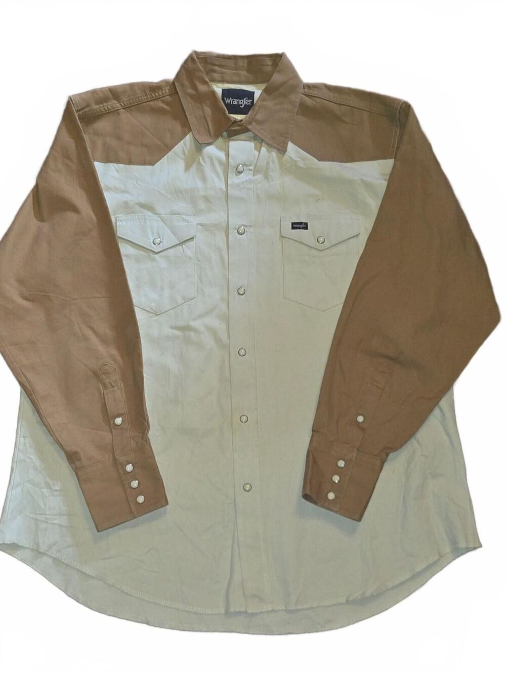 Wrangler Western Brushpopper VTG Pearl Snap Shirt Two Tone Cowboy Canvas Heavy